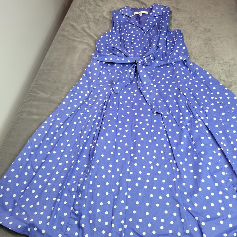 Evan-Picone Blue White Polka Dot Fit Flare Dress Sleeveless Belted Midi Mens 12